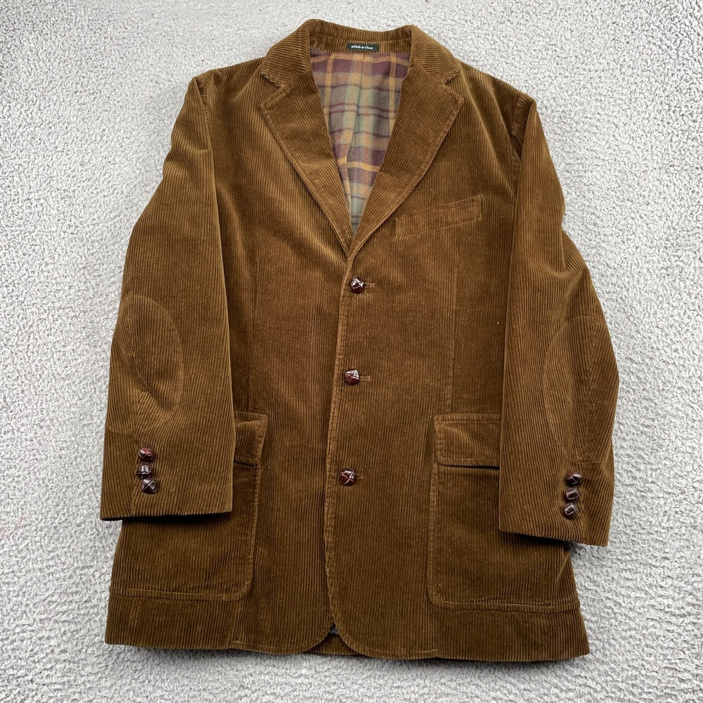 Y2K J.Crew Blazer Mens M Brown Corduroy Sport Coat Plaid Lining Elbow Patch